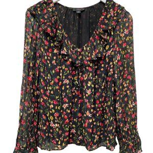 J.CREW Floral Blouse Size Small Black Red Metallic Long Sleeve Ruffle Peasant To